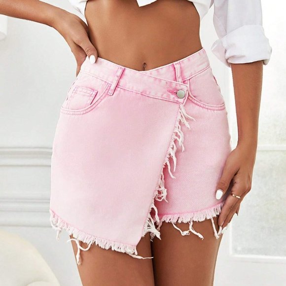 Pink Boho Womens Asymmetrical Raw Hem Denim Skort - Picture 5 of 5